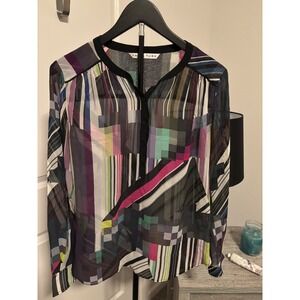 Trina Turk Geometric Print Sheer Long Sleeve Button Front Blouse Top‎ M